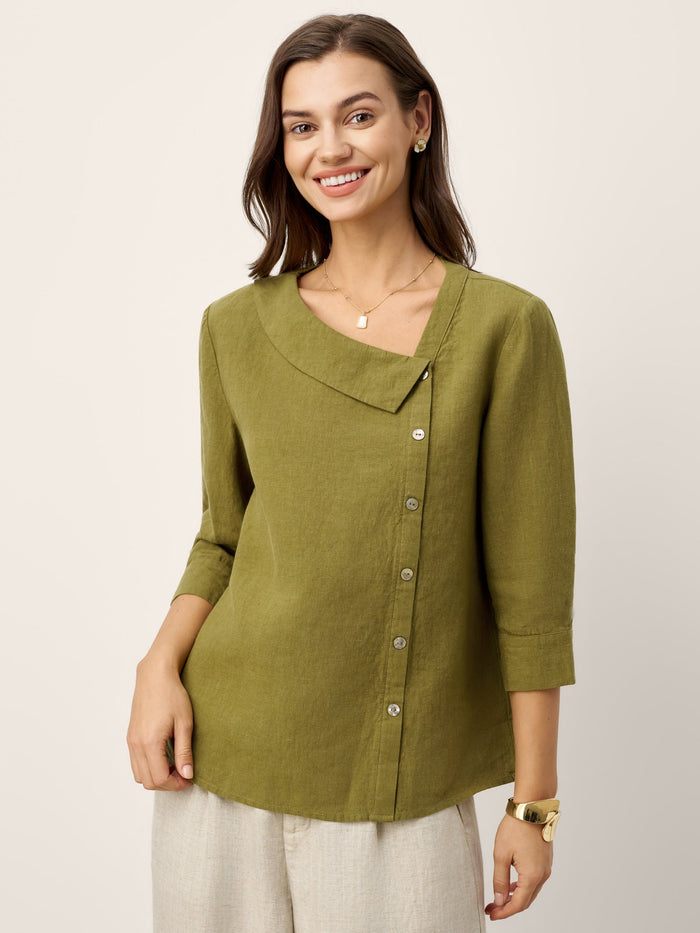 100% Linen Crescent Neck Button Detail 3/4 Sleeve Top ADALYN