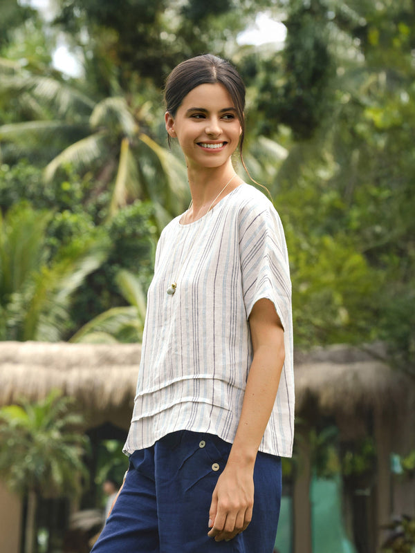 100% Linen Pleated Striped Pullover Top VIA
