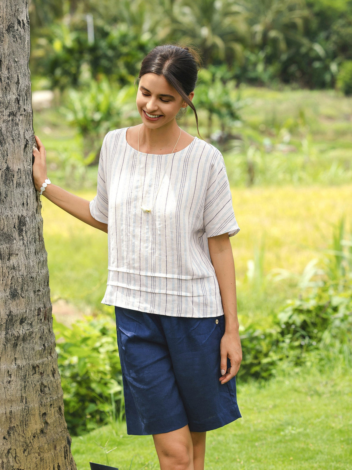 100% Linen Pleated Striped Pullover Top VIA