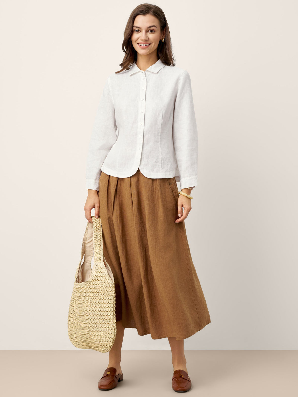 100% Linen Small Collar Curved Hem Tailored Shirt AVELINE