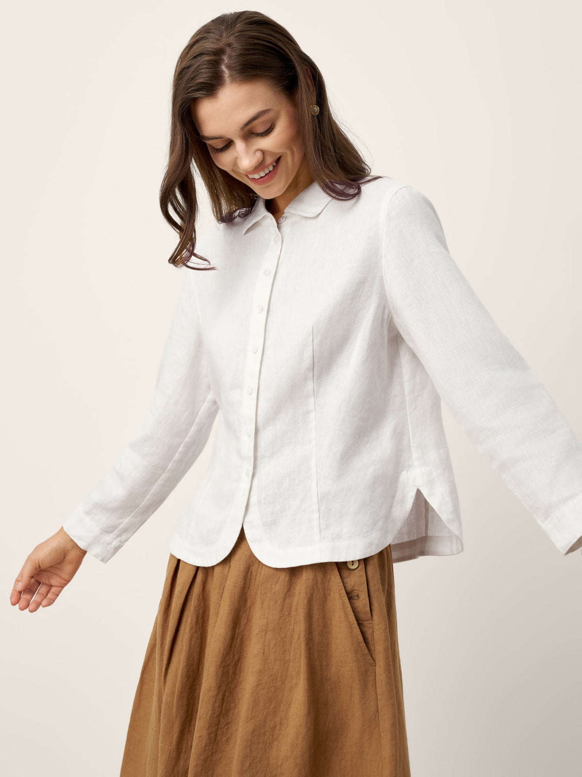 100% Linen Small Collar Curved Hem Tailored Shirt AVELINE