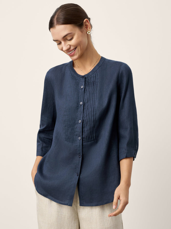 100% Linen Sculpted Accordion Pleat Crew Neck Shirt RANA
