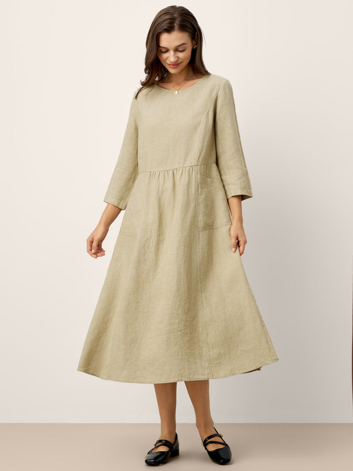 100% Linen Shirred Waistline Patch Pocket Maxi Dress MARCELLA