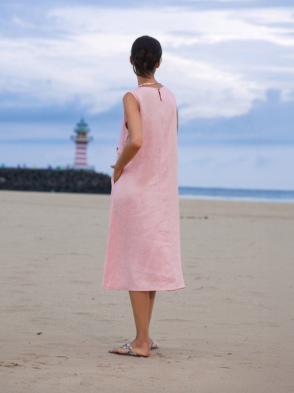 100% Linen Sleeveless Accordion Pleat Midi Dress TINA