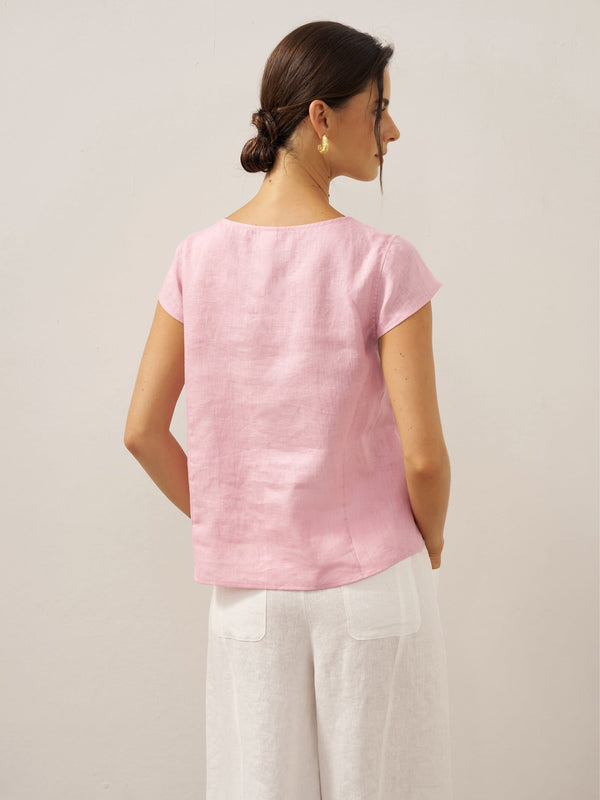 100% Linen Shell Button Pleated Crew Neck Top RENA