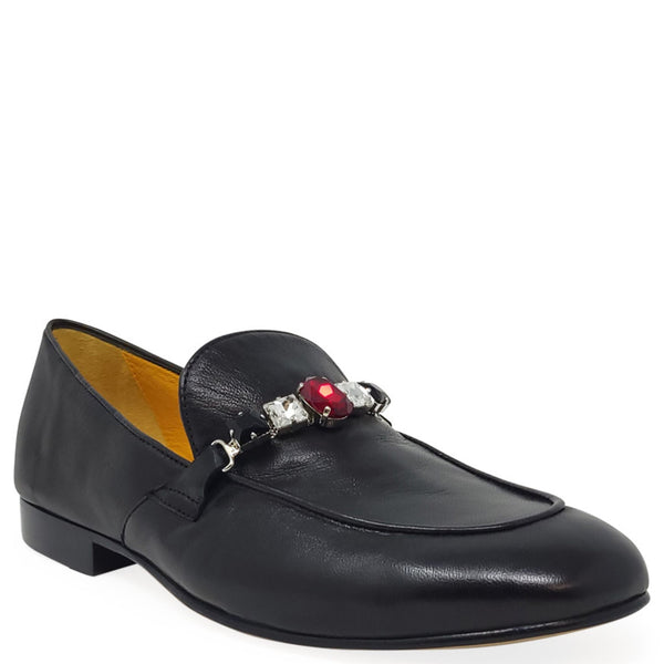 Black Leather Flat Jeweled Loafer