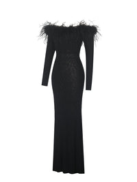 Emberly Black Fur Trimmed Off-Shoulder Rhinestone Mermaid Maxi Dress