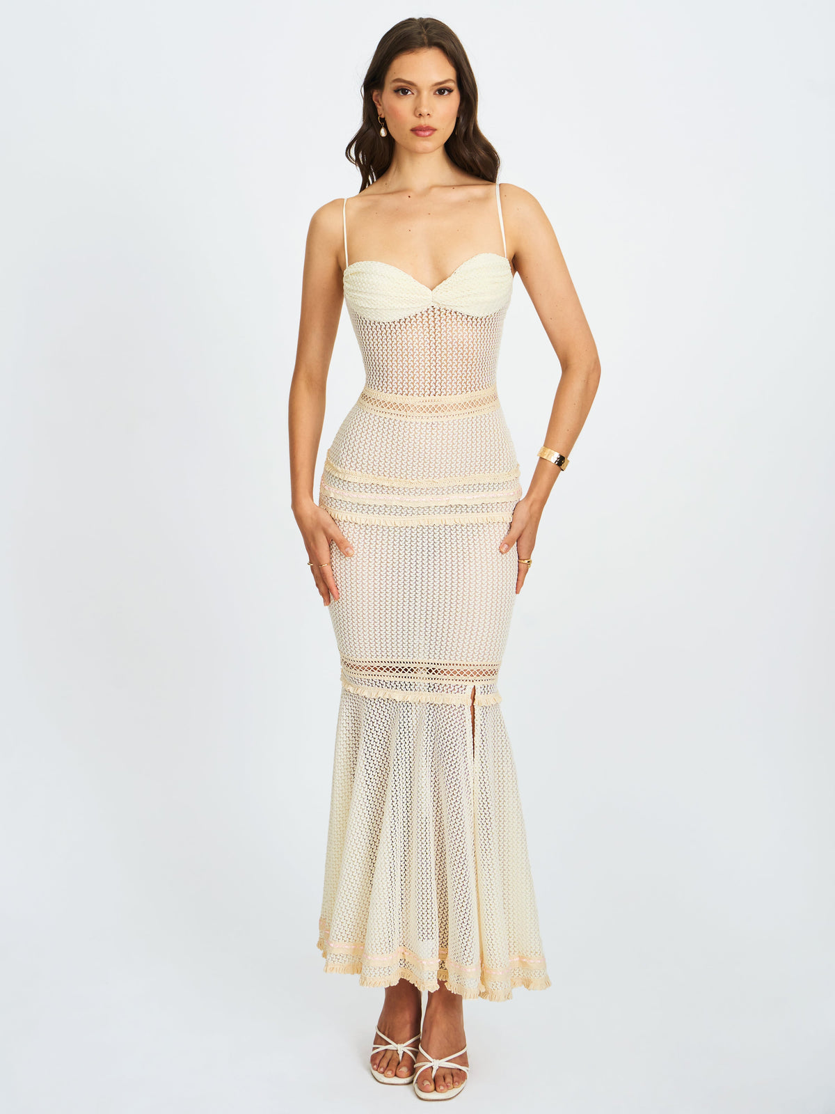 Pallas Beige Lace Trim Crochet Mermaid Maxi Dress