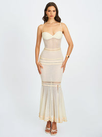 Pallas Beige Lace Trim Crochet Mermaid Maxi Dress