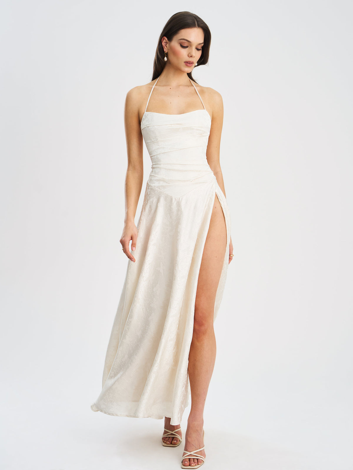Raegan Pearl White Jacquard Ruched Maxi Dress
