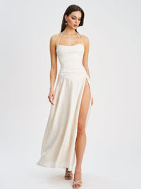 Raegan Pearl White Jacquard Ruched Maxi Dress