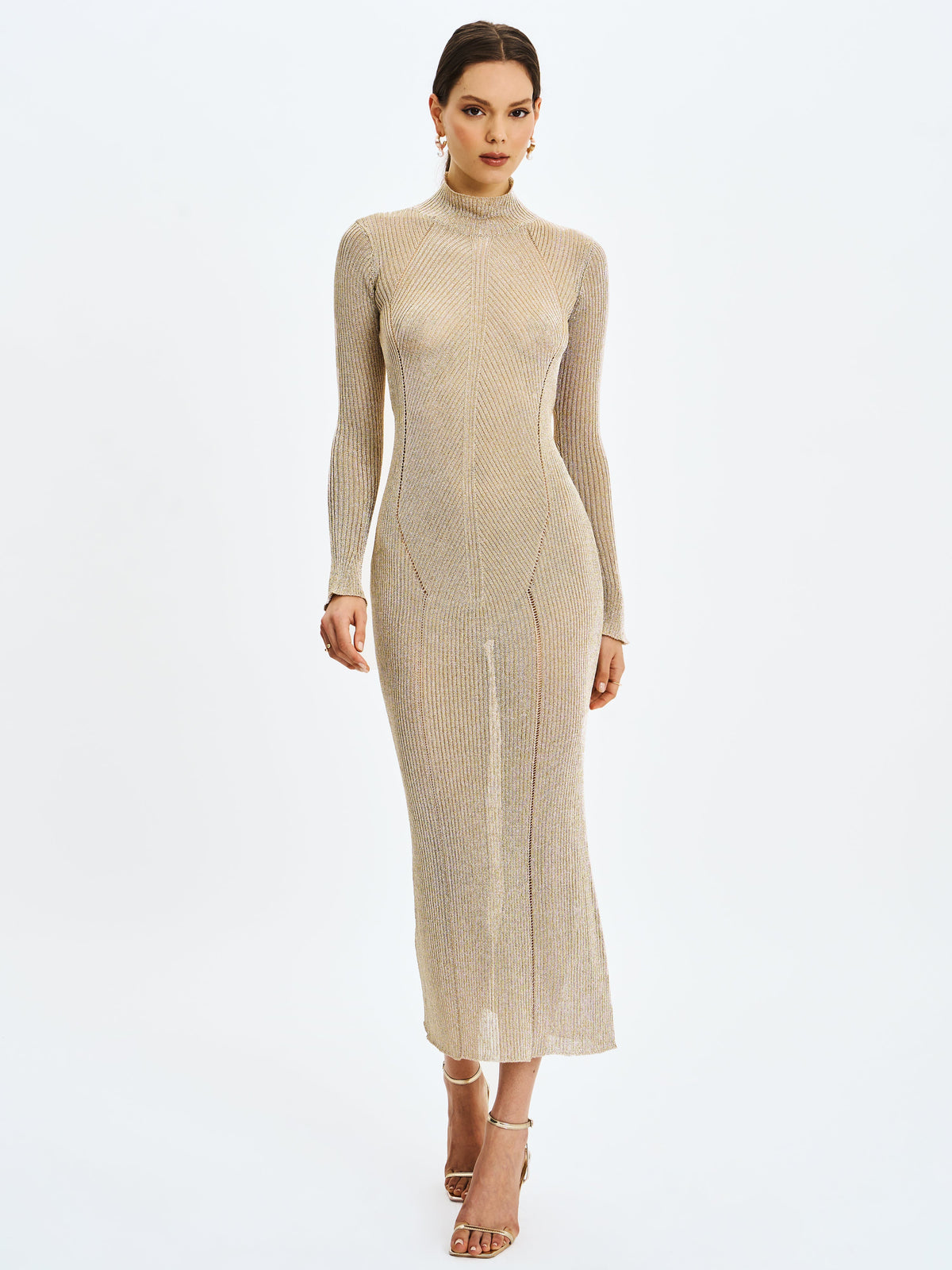 Shay Gold Stretch Knit Backless Long Sleeve Maxi Dress
