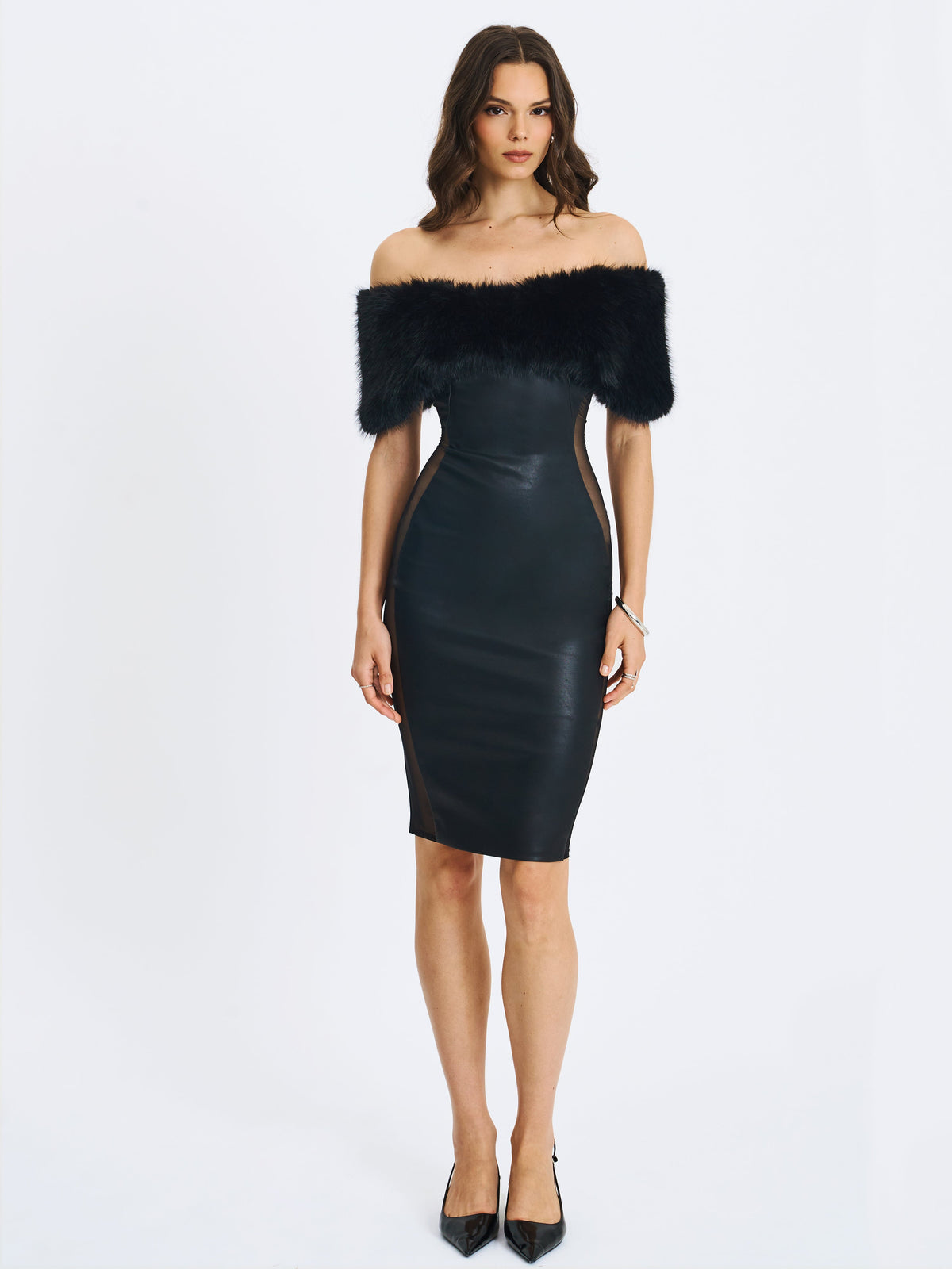 Bellis Black Fur Trim Mesh Panel Off-Shoulder Midi Dress