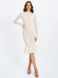 Pamina Beige Crochet Long Sleeve Midi Flare Mermaid Dress