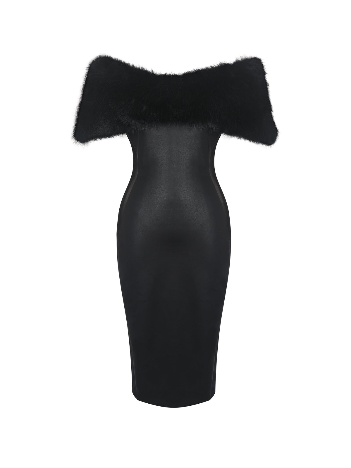 Bellis Black Fur Trim Mesh Panel Off-Shoulder Midi Dress