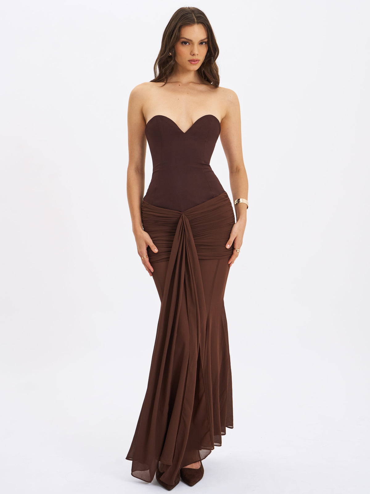 Giovana Espresso Sweetheart Draped Mesh Mermaid Maxi Dress