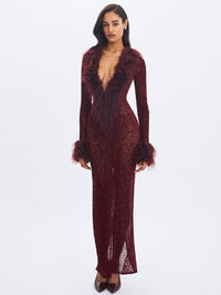 Luana Burgundy Plunging Fur Trimmed Crochet Maxi Dress