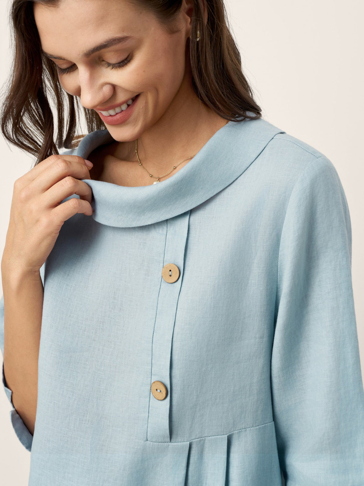 100% Linen Rolled Collar Asymmetric Button Maxi Dress ELARAINE