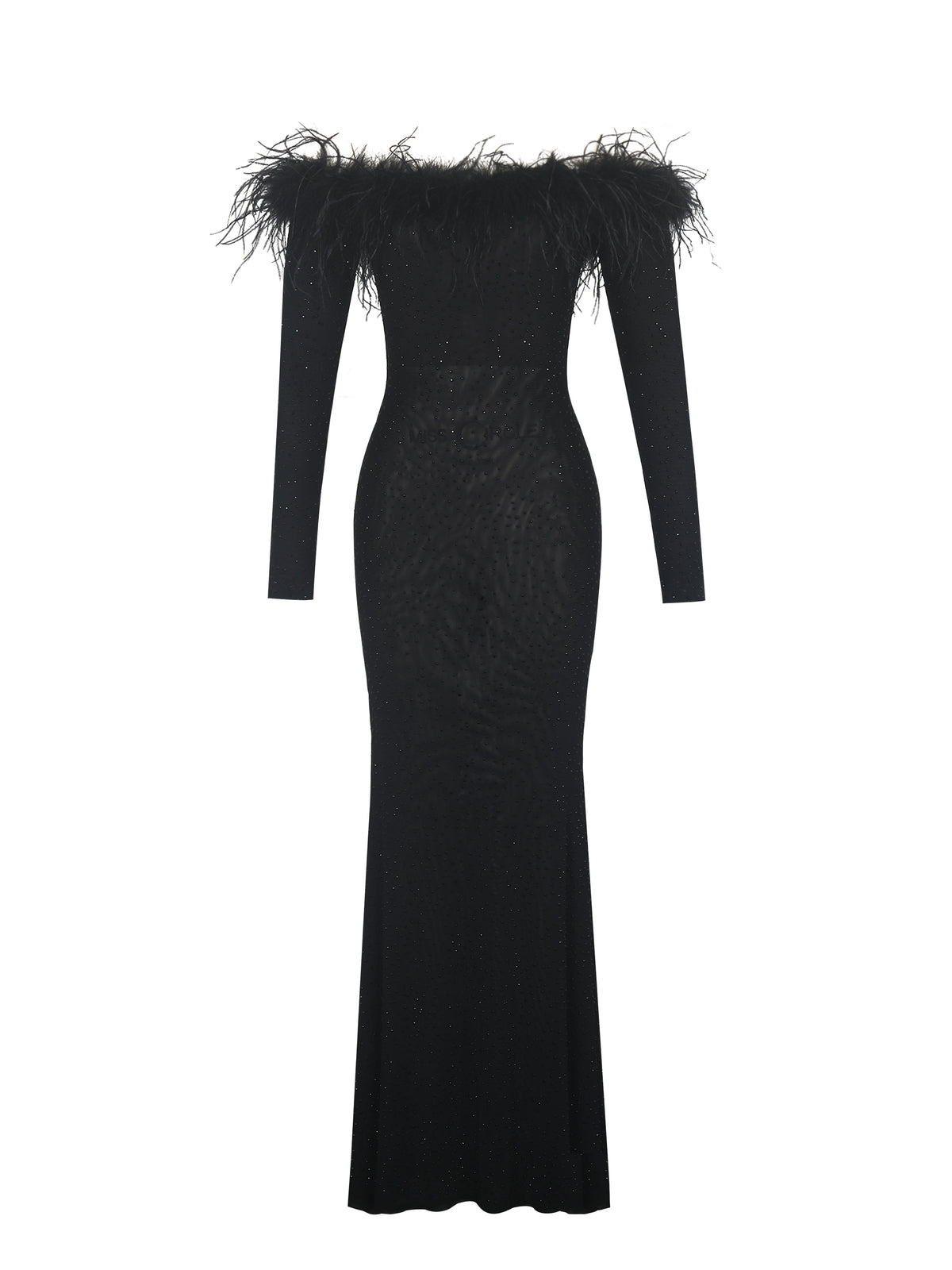 Emberly Black Fur Trimmed Off-Shoulder Rhinestone Mermaid Maxi Dress