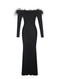 Emberly Black Fur Trimmed Off-Shoulder Rhinestone Mermaid Maxi Dress