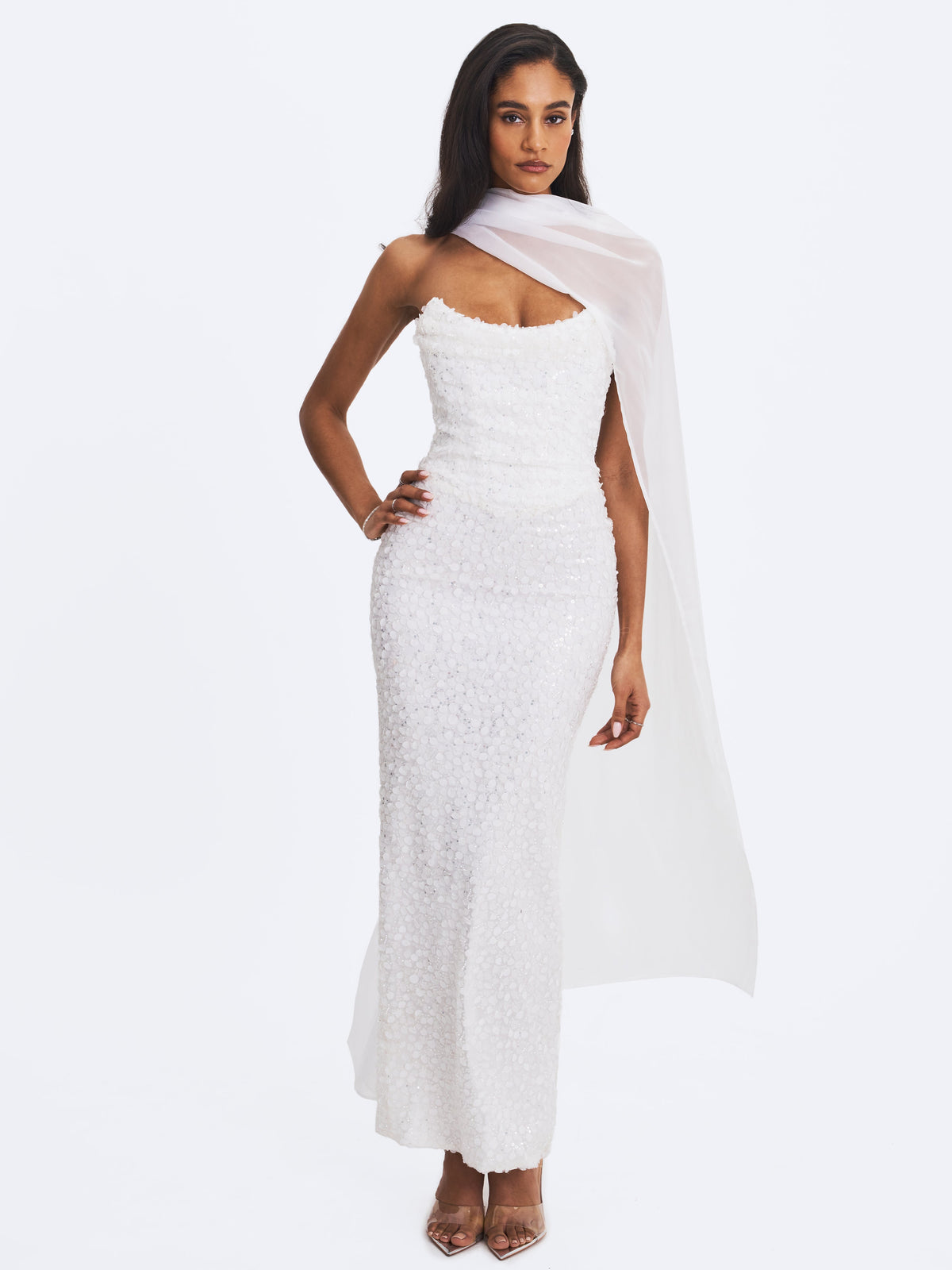 Myra White Beaded Mesh Strapless Wedding Dress