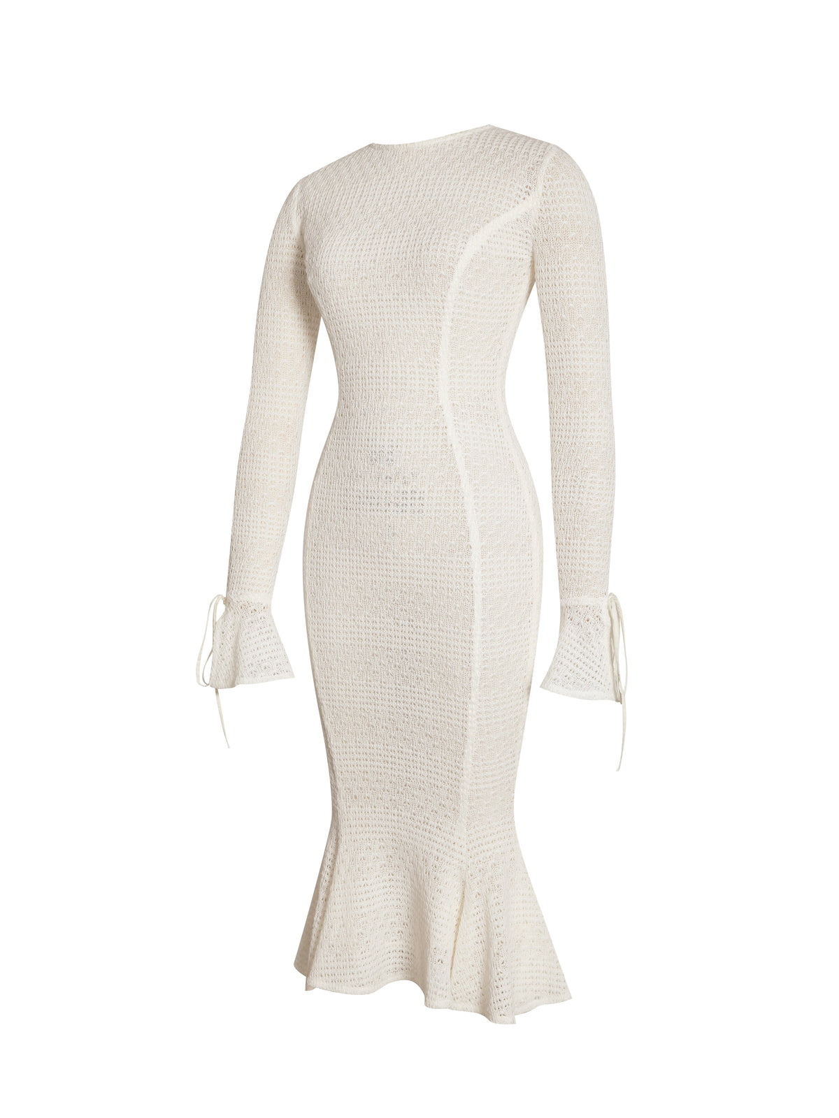Pamina Beige Crochet Long Sleeve Midi Flare Mermaid Dress