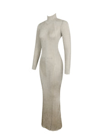 Shay Gold Stretch Knit Backless Long Sleeve Maxi Dress