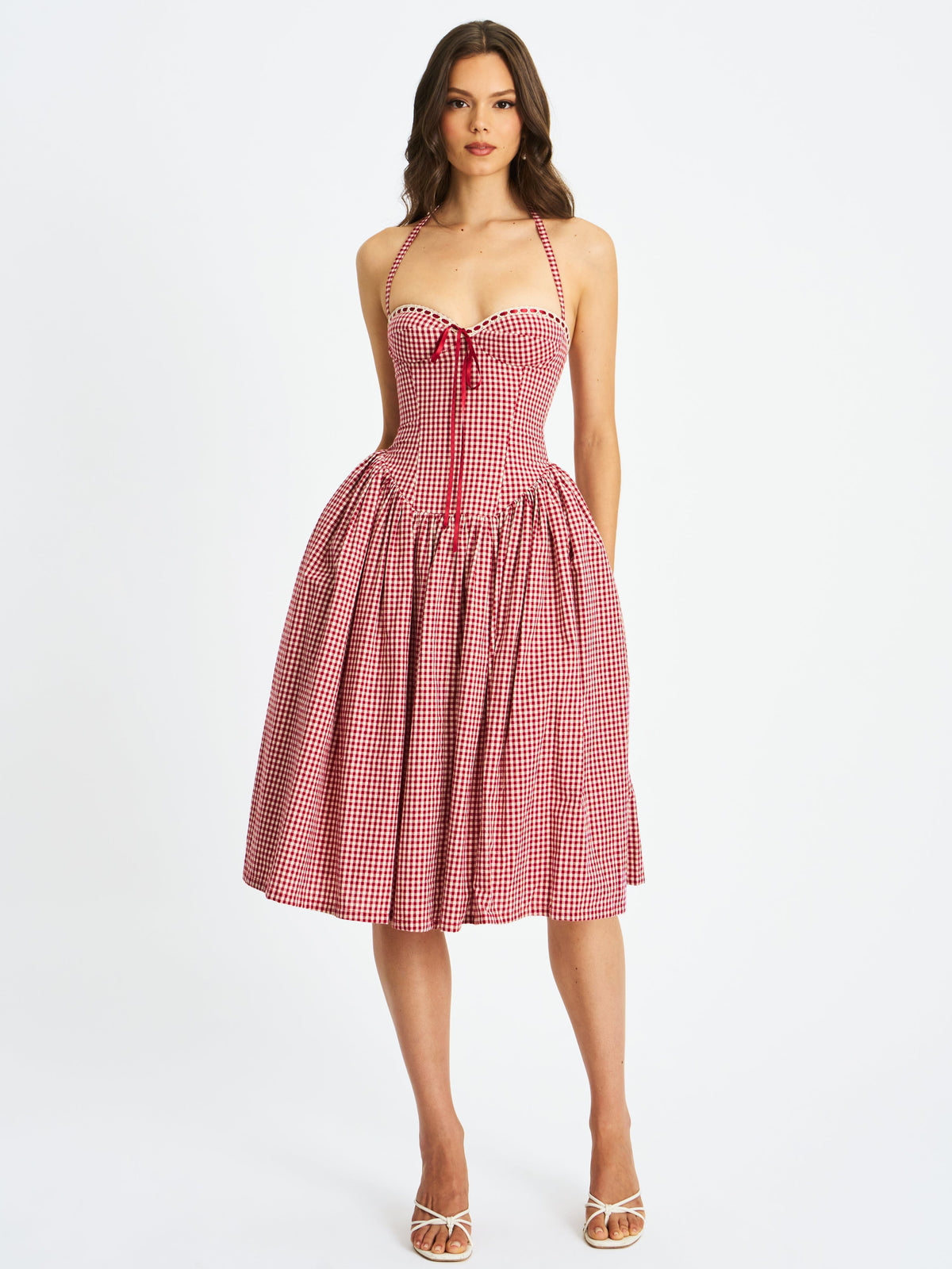 Susanna Red Gingham Halter Drop Waist Midi Dress