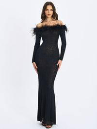 Emberly Black Fur Trimmed Off-Shoulder Rhinestone Mermaid Maxi Dress