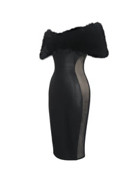 Bellis Black Fur Trim Mesh Panel Off-Shoulder Midi Dress