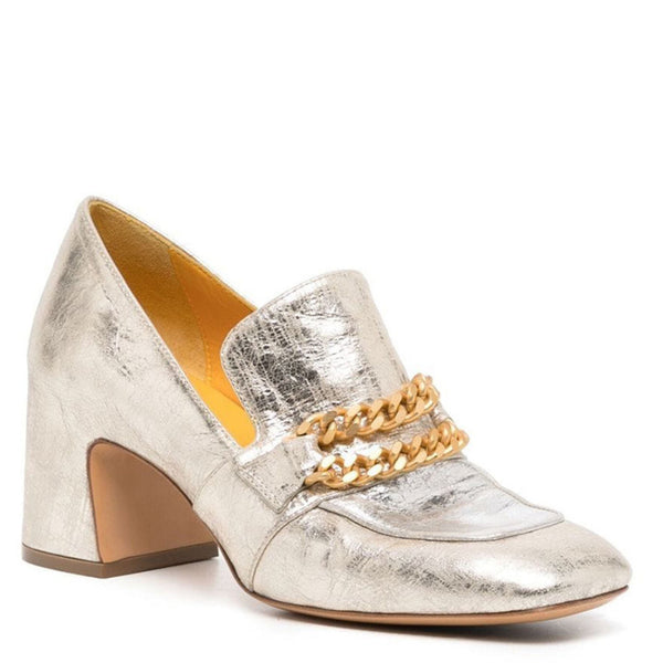 Gold/Silver Leather Mid Heel Loafer W/Chain
