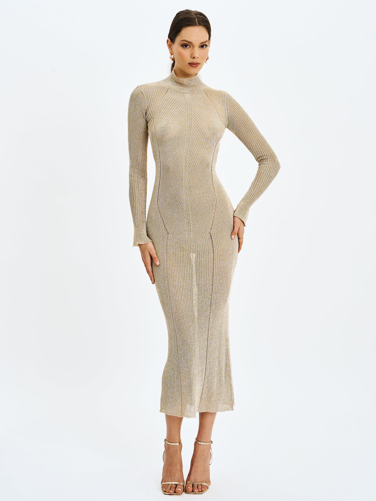 Shay Gold Stretch Knit Backless Long Sleeve Maxi Dress