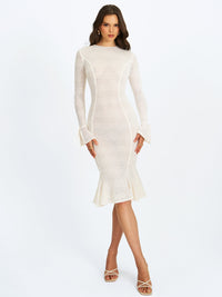 Pamina Beige Crochet Long Sleeve Midi Flare Mermaid Dress