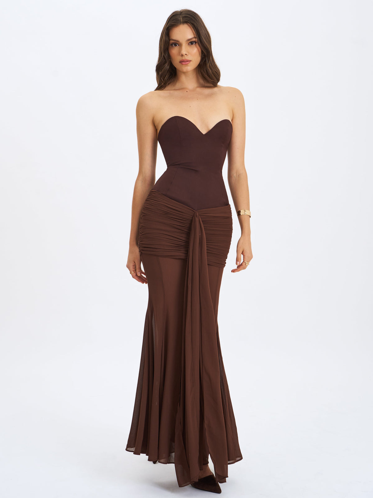 Giovana Espresso Sweetheart Draped Mesh Mermaid Maxi Dress