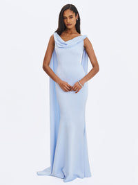 Eira Mist Blue Cowl Scarf-Detail Mermaid Maxi Dress