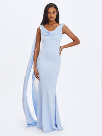 Eira Mist Blue Cowl Scarf-Detail Mermaid Maxi Dress