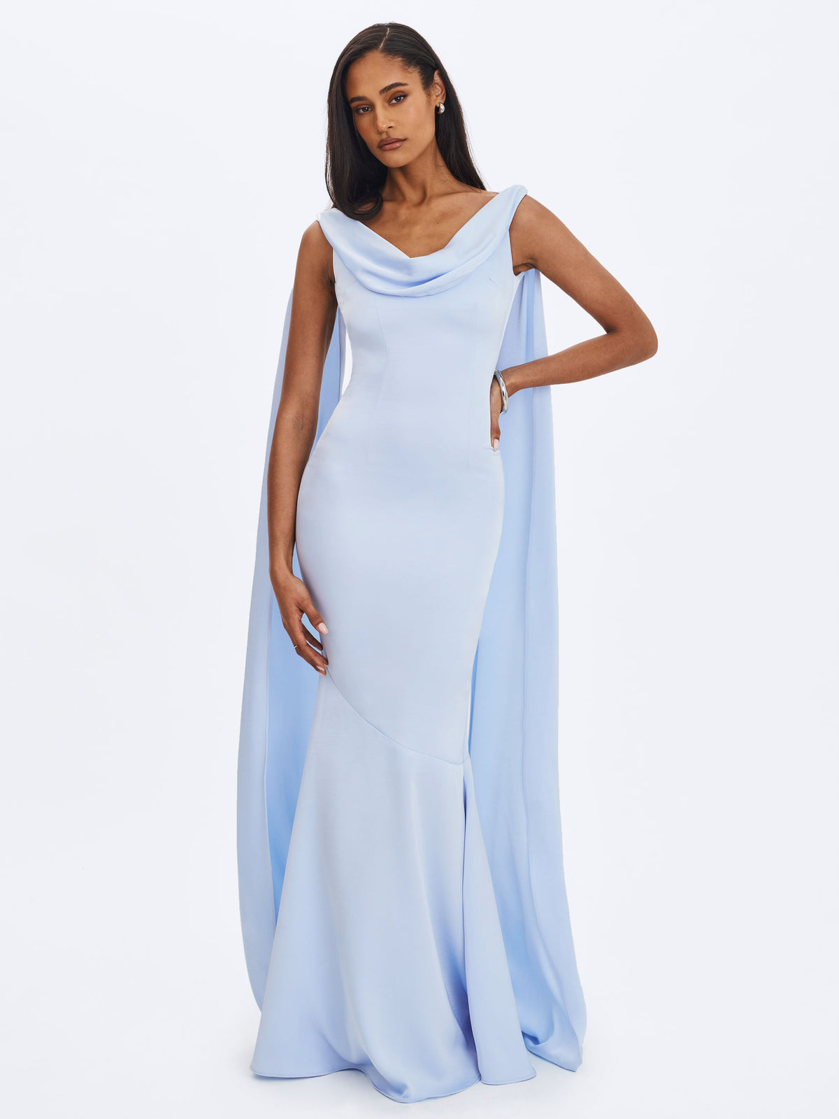 Eira Mist Blue Cowl Scarf-Detail Mermaid Maxi Dress