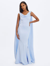 Eira Mist Blue Cowl Scarf-Detail Mermaid Maxi Dress