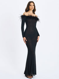 Emberly Black Fur Trimmed Off-Shoulder Rhinestone Mermaid Maxi Dress