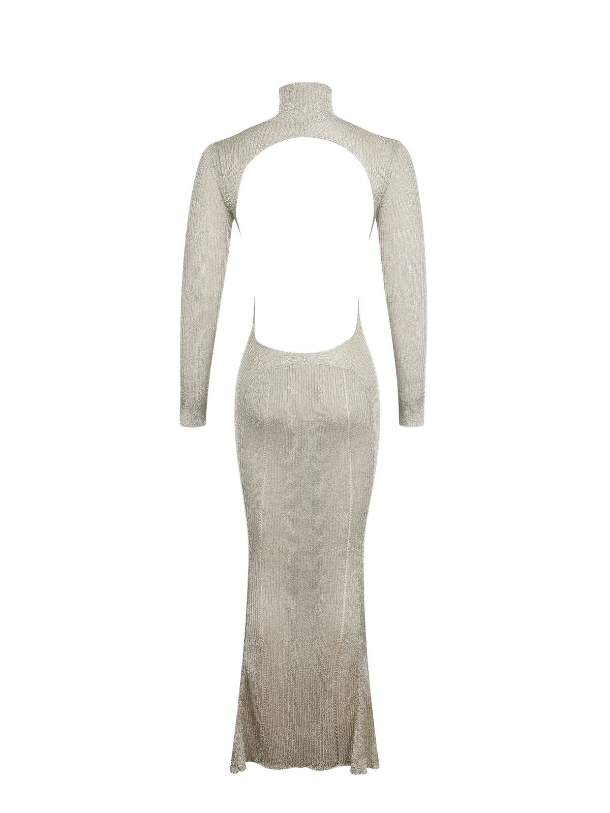 Shay Gold Stretch Knit Backless Long Sleeve Maxi Dress