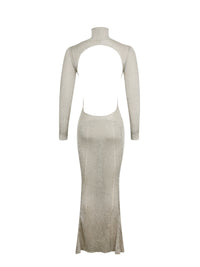 Shay Gold Stretch Knit Backless Long Sleeve Maxi Dress