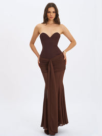 Giovana Espresso Sweetheart Draped Mesh Mermaid Maxi Dress