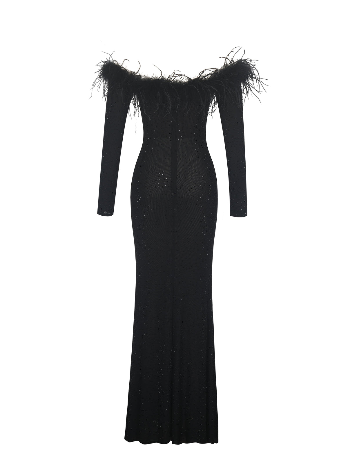 Emberly Black Fur Trimmed Off-Shoulder Rhinestone Mermaid Maxi Dress