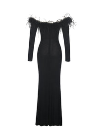 Emberly Black Fur Trimmed Off-Shoulder Rhinestone Mermaid Maxi Dress