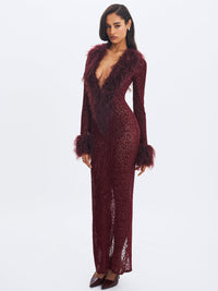 Luana Burgundy Plunging Fur Trimmed Crochet Maxi Dress