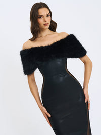 Bellis Black Fur Trim Mesh Panel Off-Shoulder Midi Dress