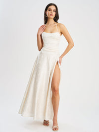 Raegan Pearl White Jacquard Ruched Maxi Dress