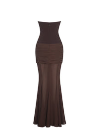 Giovana Espresso Sweetheart Draped Mesh Mermaid Maxi Dress