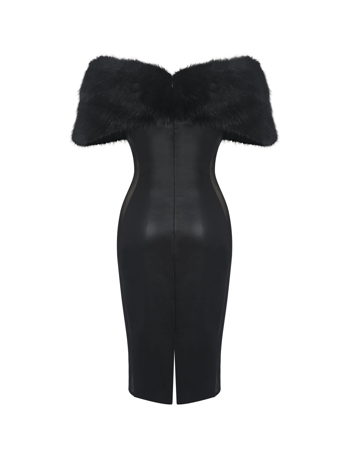 Bellis Black Fur Trim Mesh Panel Off-Shoulder Midi Dress