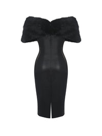 Bellis Black Fur Trim Mesh Panel Off-Shoulder Midi Dress